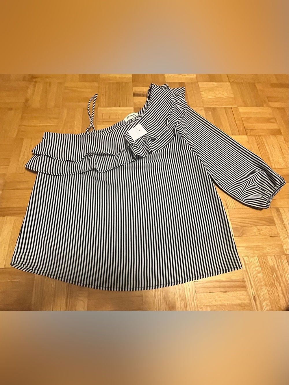 NWT- Monteau, Striped One-Shoulder Ruffle Top, Black & White pinstripes, size L